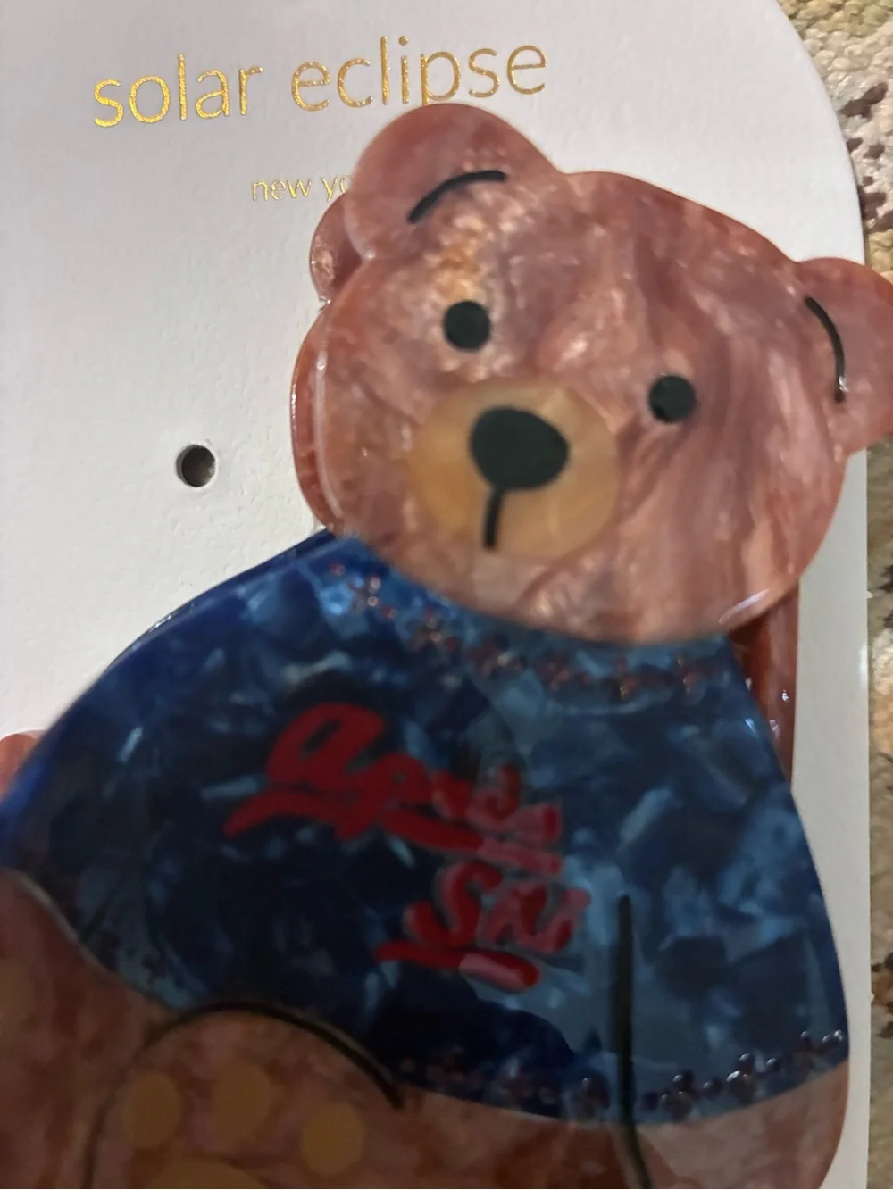 NWT Solar Eclipse Teddy Bear Apres Ski Hair Clip in Brown & Blue